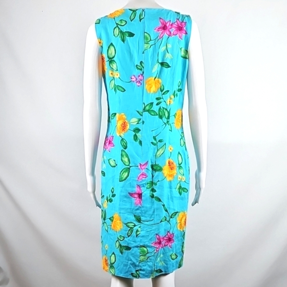 Talbots 100% Linen Bright Aqua Pink Yellow Floral Print Sleeveless Sheath Dress - Picture 7 of 16